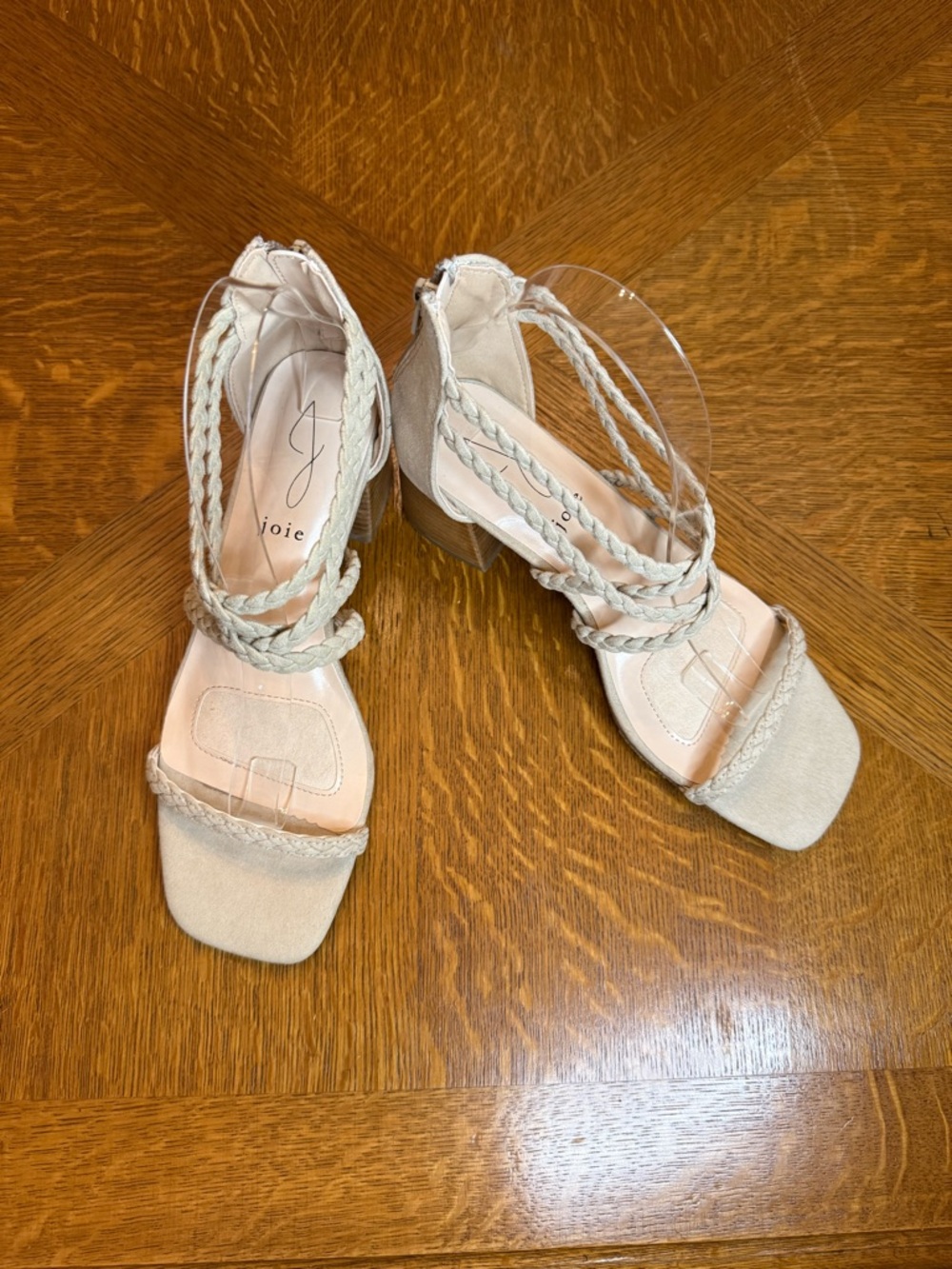 Joie Braided Ankle-Strap Block Heel Sandal in Light Beige